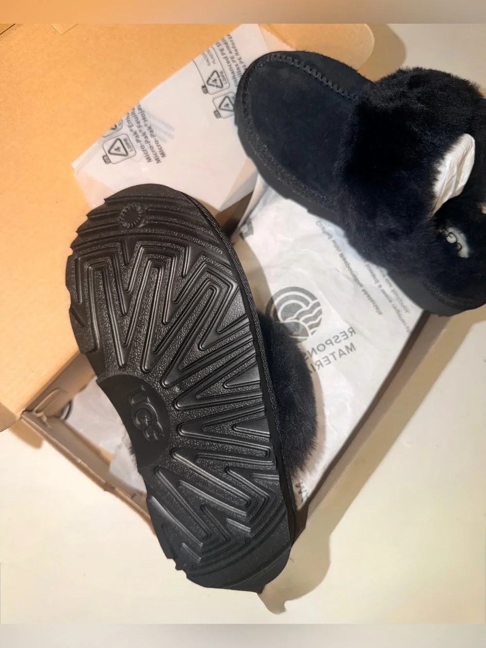 Kids UGG Black Plush Backless Slide Slippers